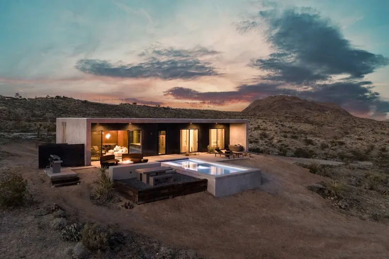 Modern desert wedding inspiration — Wellness-Focused Joshua Tree Escape; Cold Plunge, Yoga/Event Deck, Pool in Yucca Valley, California. Yucca Valley desert house wedding venue with outdoor ceremony…