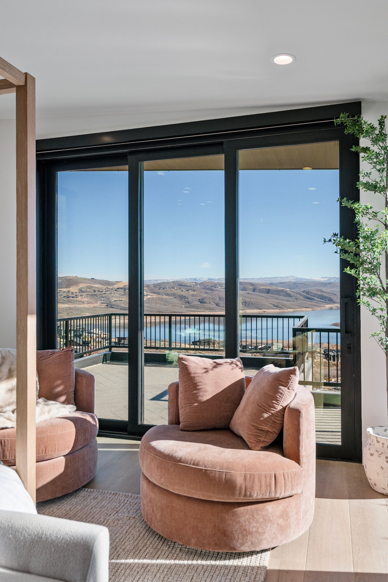Interior bedroom suite with mountain views
