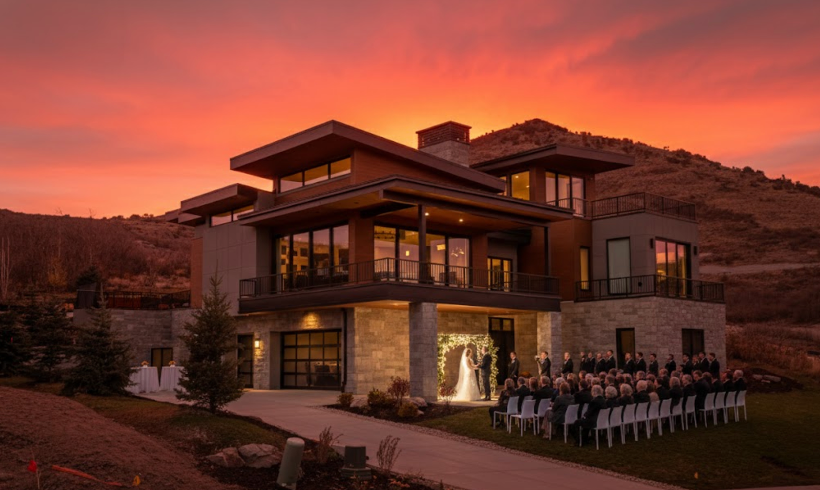 Event space and outdoor deck with reservoir backdrop