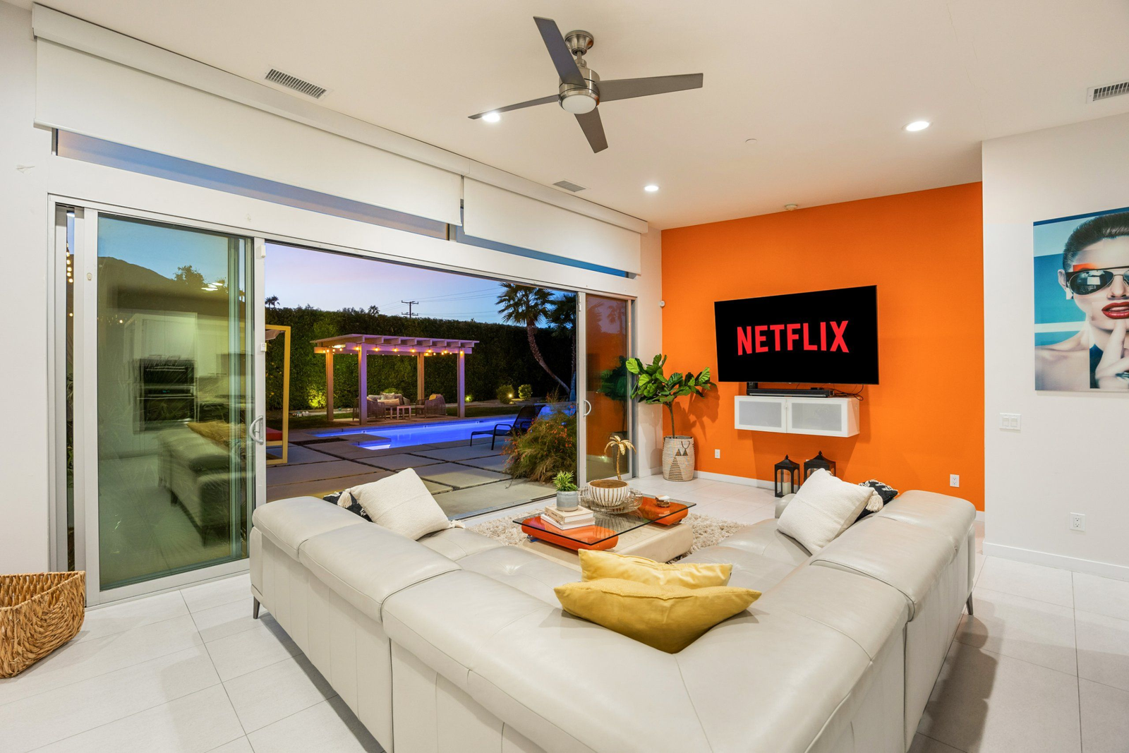 Interior living spaces with mid-century architecture and mountain views