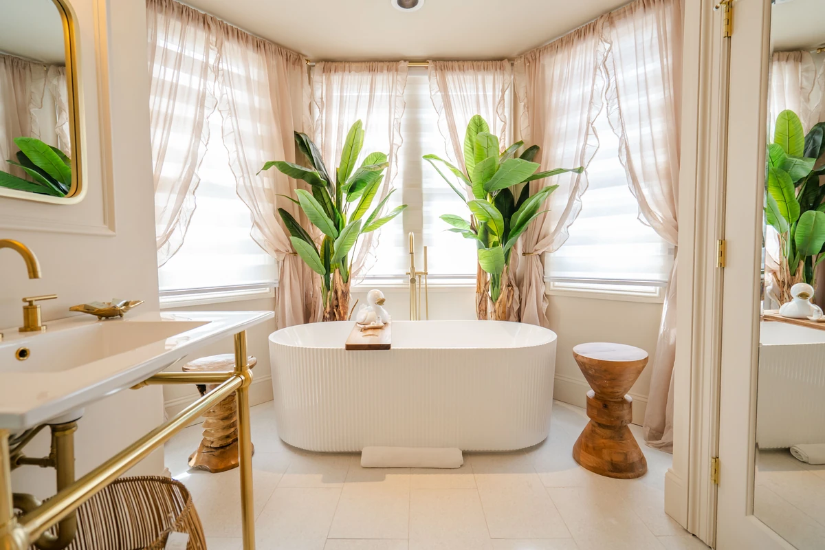 Boutique hotel room with coastal decor