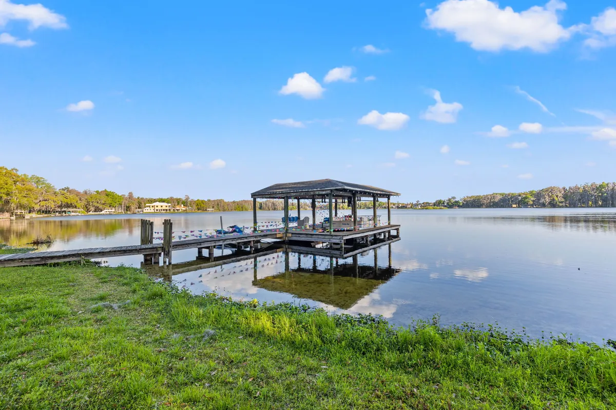 Fire pit gathering zone with lake views