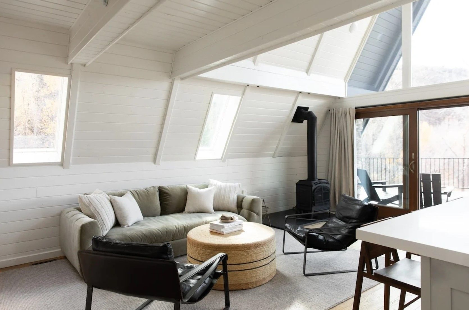 Interior of the A-Frame with soaring ceilings and natural light