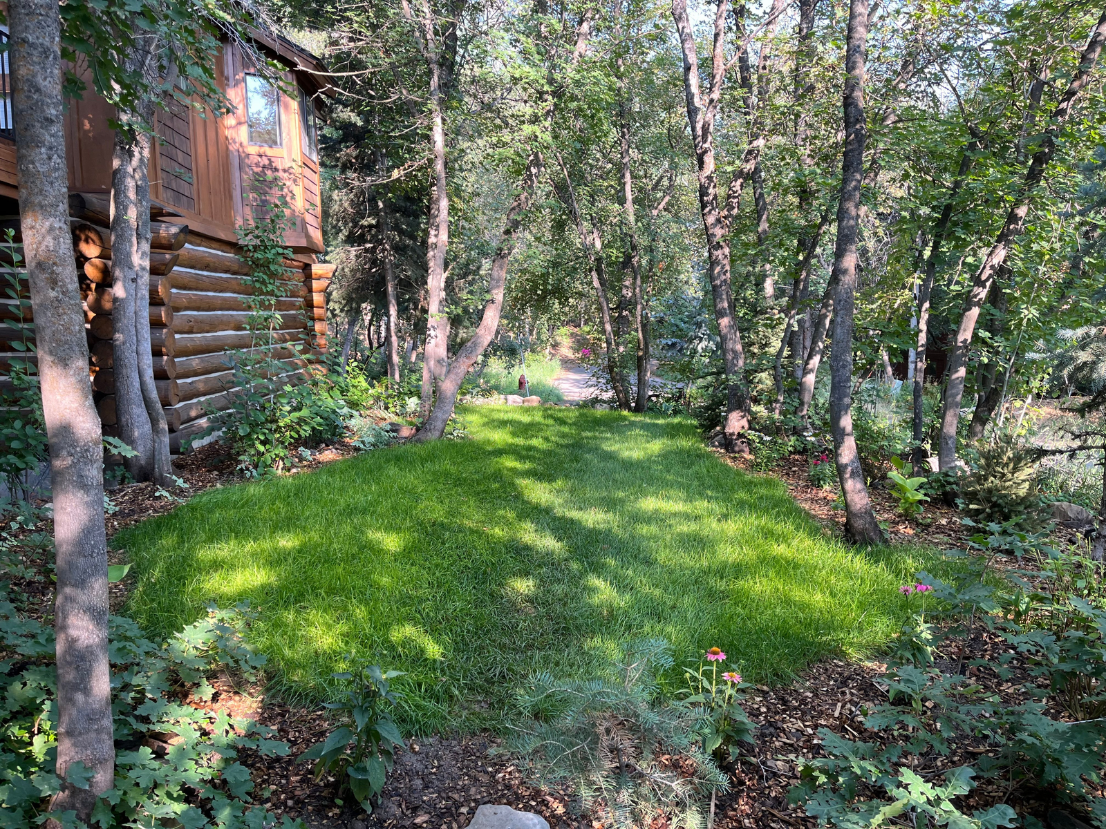 Deck and gathering area with mountain valley views